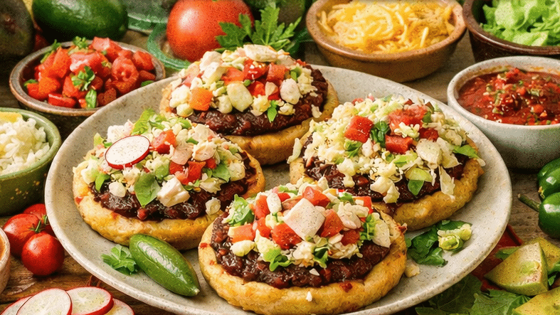 A photo of Mexican sopes made from corn masa with many toppings.