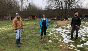 Left to right: Landon Harsch, Angelica Lucchetto, and Jess Chandler. They began this project earlier this winter during snow.