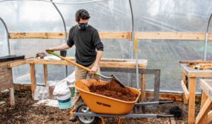 A farmer at 21 Acres shovels compost and other soil amendments in the greenhouse.