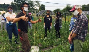 Anthony Reyes leading a farm tour to a group of volunteers who are working on stringing up tomatoes on the farm.