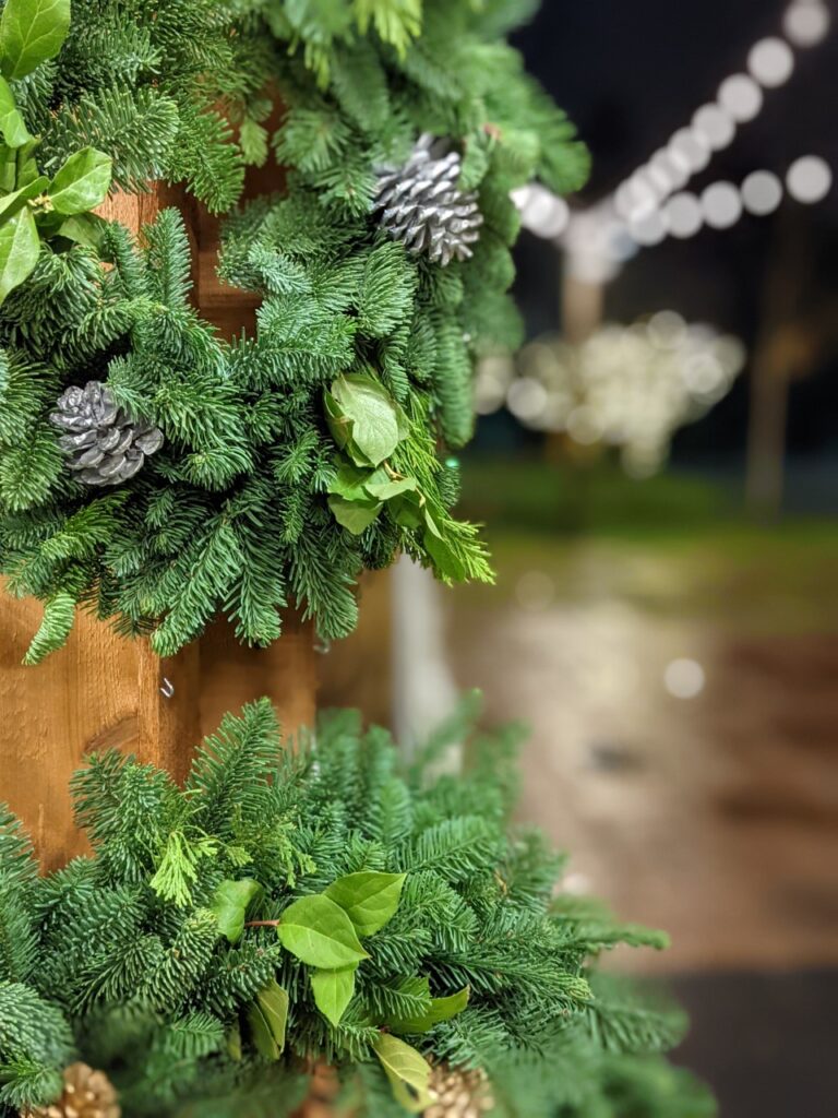 Holiday wreaths hung up in the Farm Market