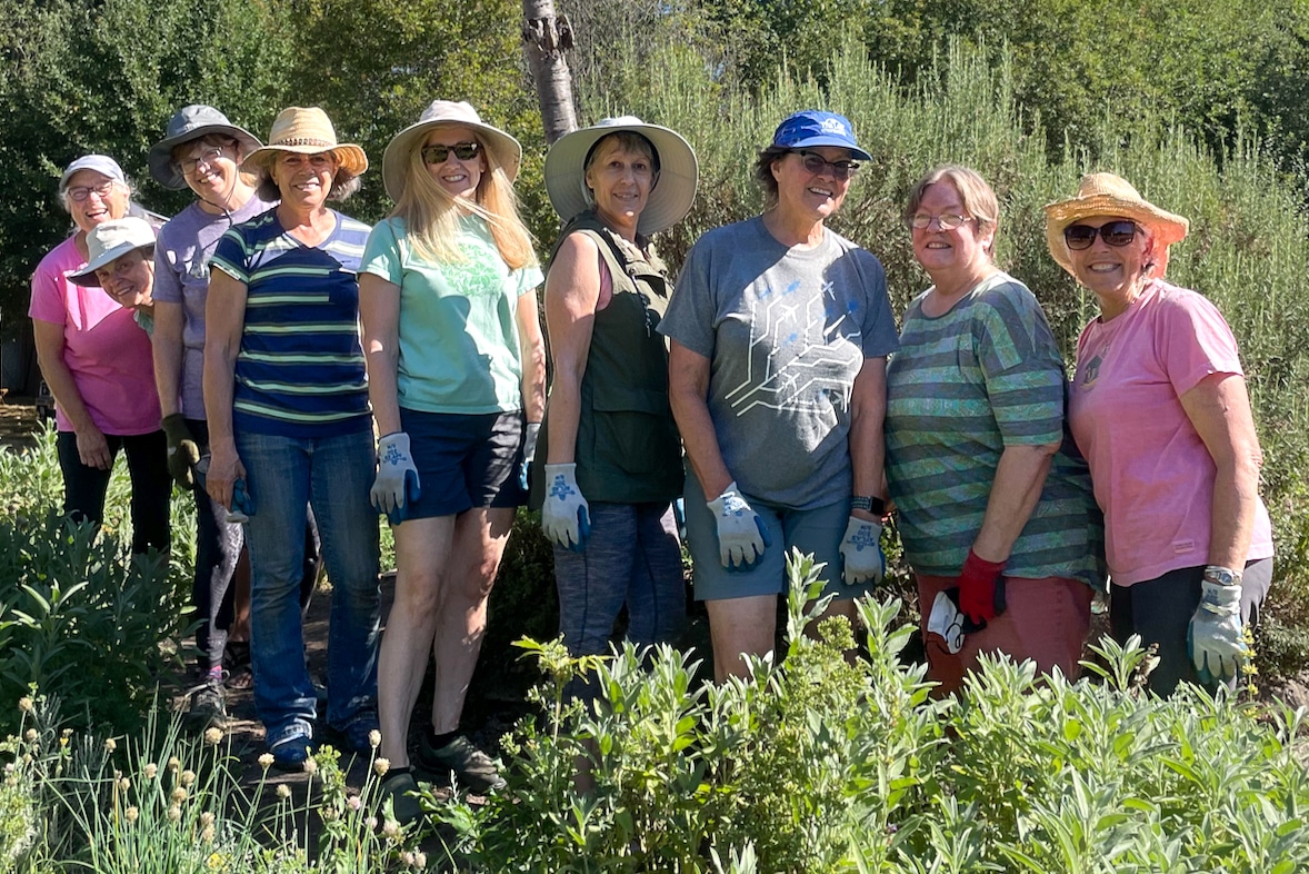 A group of smiling gardeners standing in an herb garden
