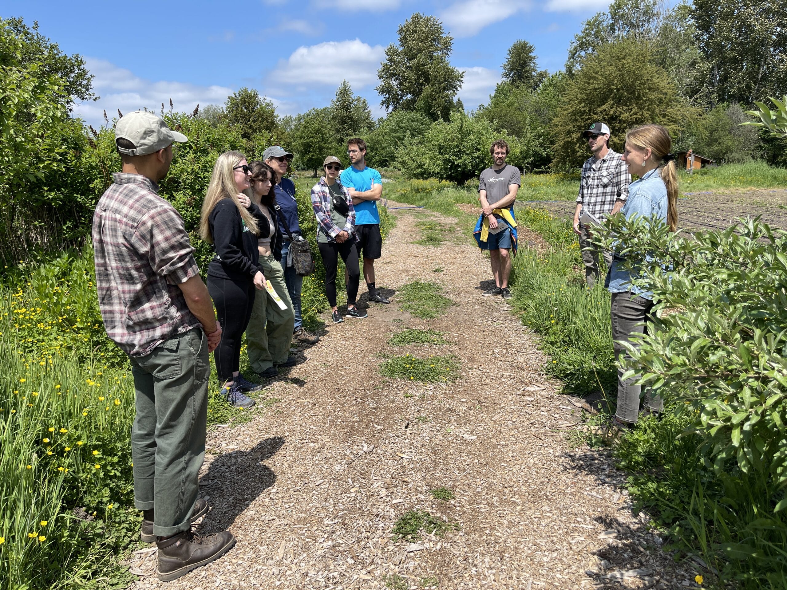 A group of visitors on a 21 Acres farm walk/tour.
