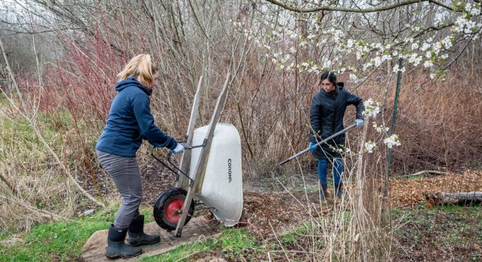 Volunteers spread mulch on a wetland path on the 21 Acres farm.