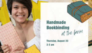 Promotional artwork for Becca Jordan's Handmade Bookbinding workshop at 21 Acres.