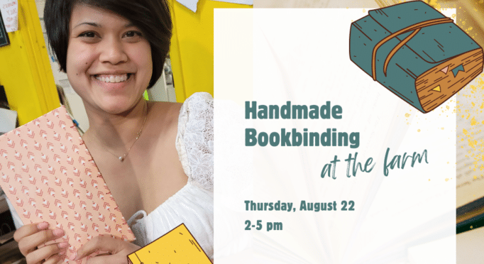 Promotional artwork for Becca Jordan's Handmade Bookbinding workshop at 21 Acres.