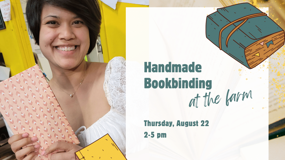 Promotional artwork for Becca Jordan's Handmade Bookbinding workshop at 21 Acres.