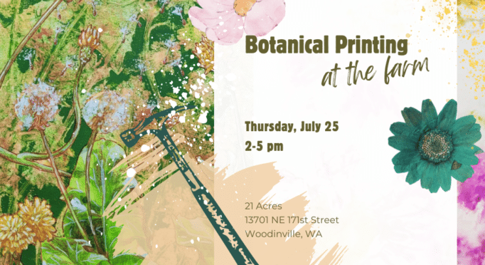 Promotional artwork for Becca Jordan's Botanical Printing class at 21 Acres.