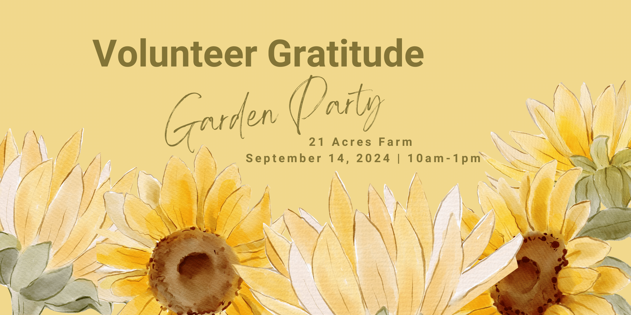 Promotional art for the 2024 21 Acres Volunteer Gratitude Garden Party.