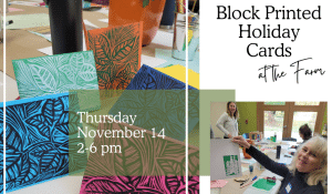 Promotional artwork for Becca Jordan's "Block Printed Holiday Cards" workshop.