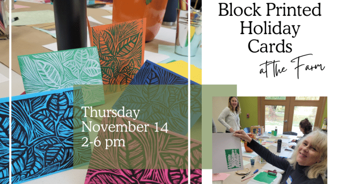 Promotional artwork for Becca Jordan's "Block Printed Holiday Cards" workshop.