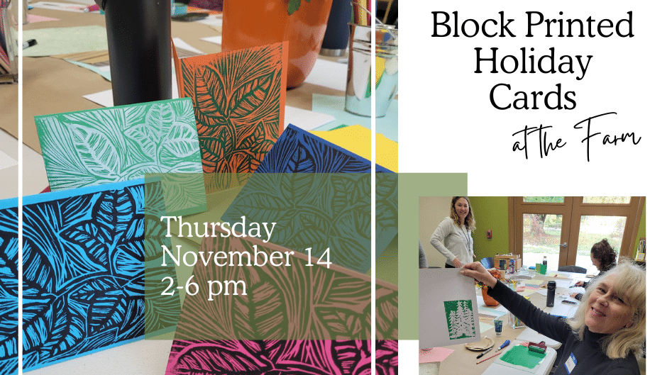 Promotional artwork for Becca Jordan's "Block Printed Holiday Cards" workshop.