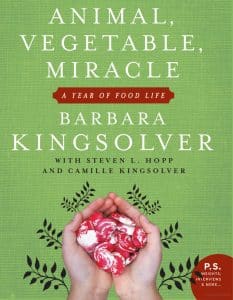 The cover of Barbara Kingsolver's book, Animal, Vegetable, Miracle.