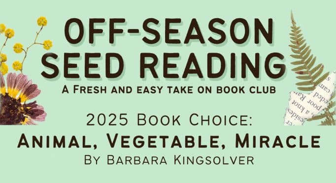 Promotional artwork for the 2025 "Off-Season Seed Reading" book club at 21 Acres.