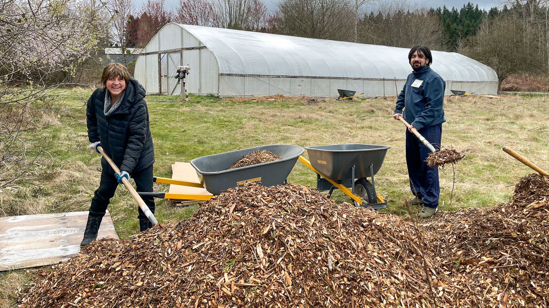 Volunteers shovel mulch into wheelbarrows on the 21 Acres farm.
