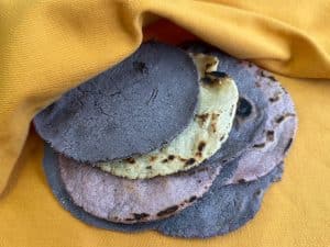 A variety of colorful masa corn totillas freshly made in the 21 Acres kitchen.