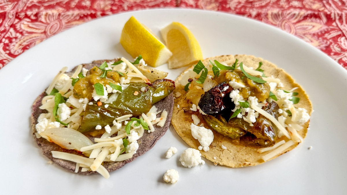 Tacos made from fresh masa torillas and salsa in the 21 Acres kitchen.