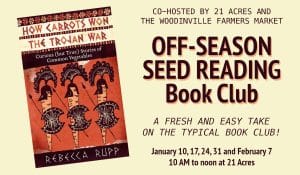 Promotional art for the 2026 "Off-Season Seed Reading" Book Club at 21 Acres.